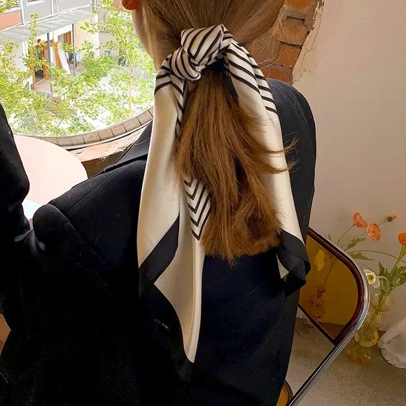 NEW ✨Women’s Scarf; silk-like black and cream square scarf - Picture 2 of 3